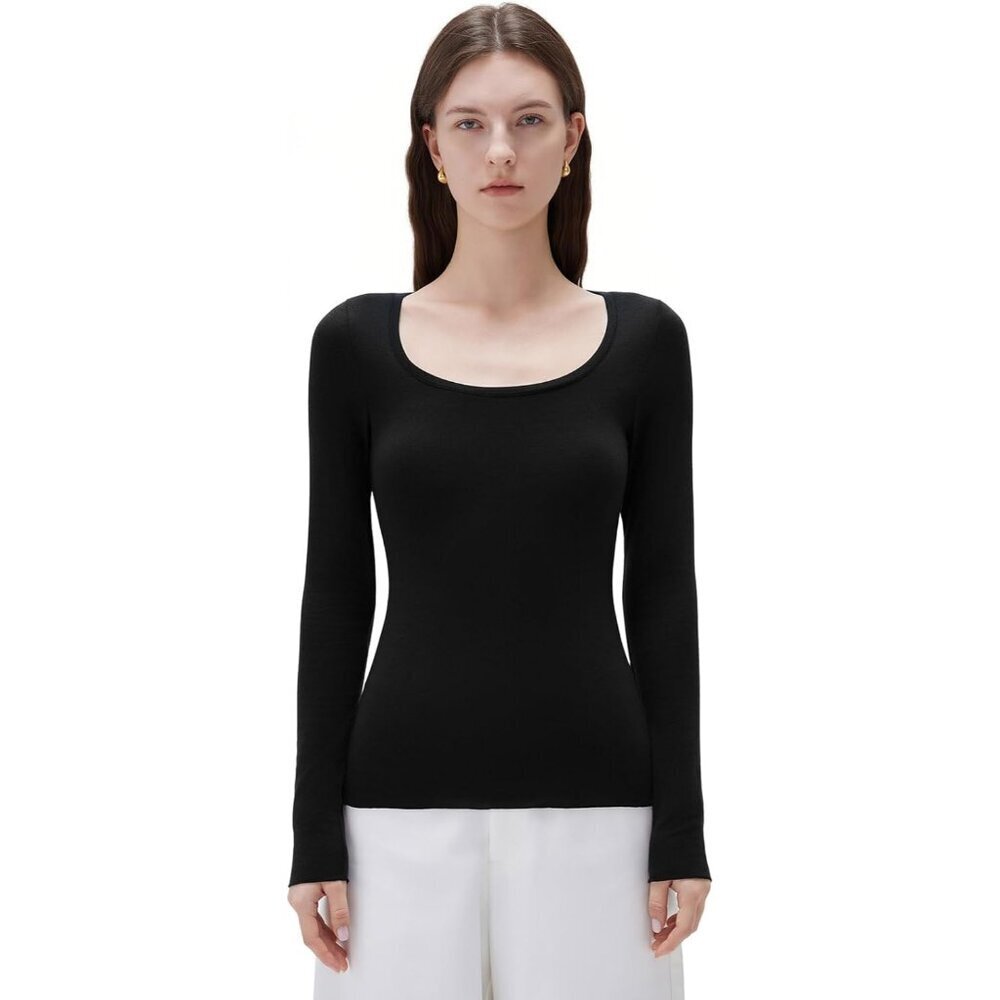 Women Cashmere Blend Scoop Neck Fitted Long Sleeve Knit Top Casual Wear - Picture 2 of 6